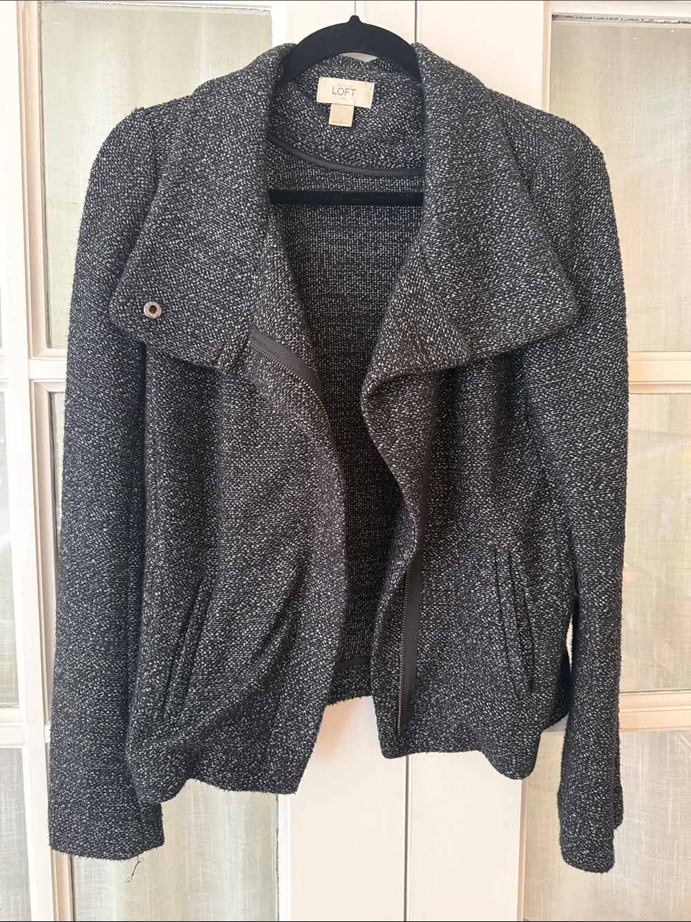 LOFT Black & Gray Tweed Asymmetric Zip Jacket